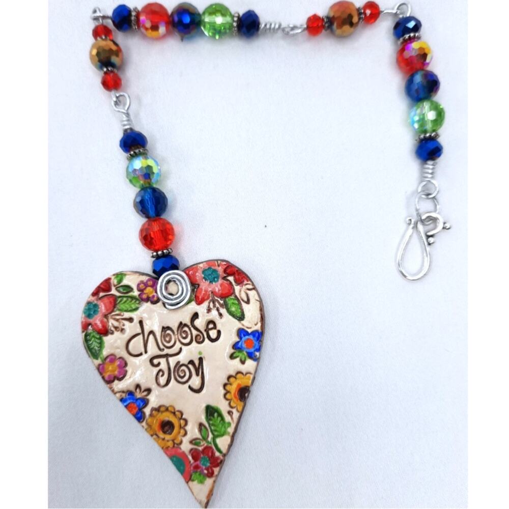Artisan Ceramic Heart Beaded Suncatcher Vibrant Colorful Crystals Diffuser NEW